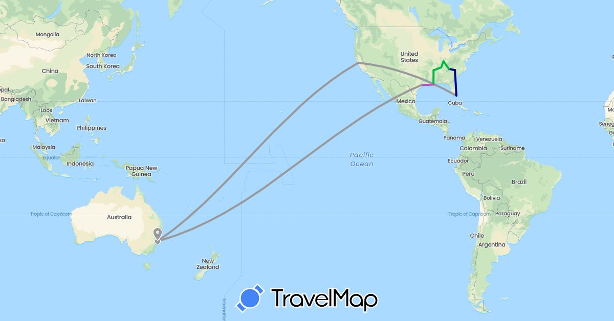 TravelMap itinerary: driving, bus, plane, train in Australia, United States (North America, Oceania)